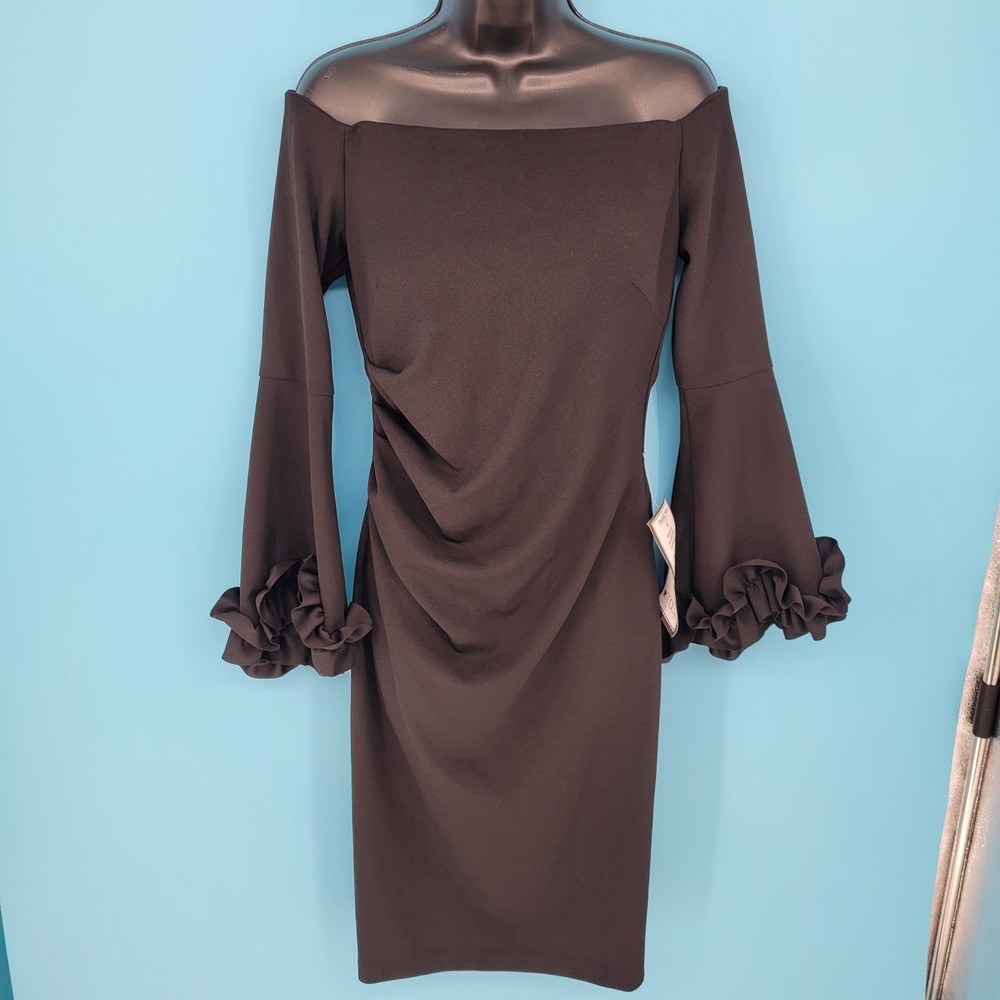 Xscape Off Shoulder Dress Women Size 8 Black Cocktail Ruffle Bell Sleeve Ruched